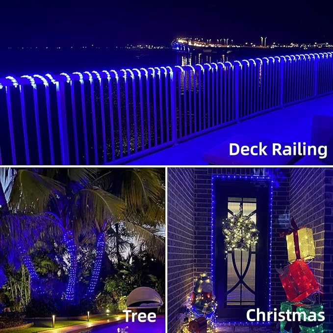 YEGUO Solar Christmas Light Outdoor Waterproof 66ft 200 LED Blue Rope Lights 8 Modes Tube String Lights in Clear Thin Tube