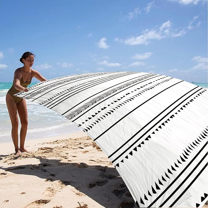 BEW Large Beach Blanket for 1-4 Adults 78in×86in Waterproof Sandproof Blankets with 4 Stakes &amp Corner Pockets Polyester Lightweight Foldable Outdoor Picnic Mat Camping Hiking White-black Lines
