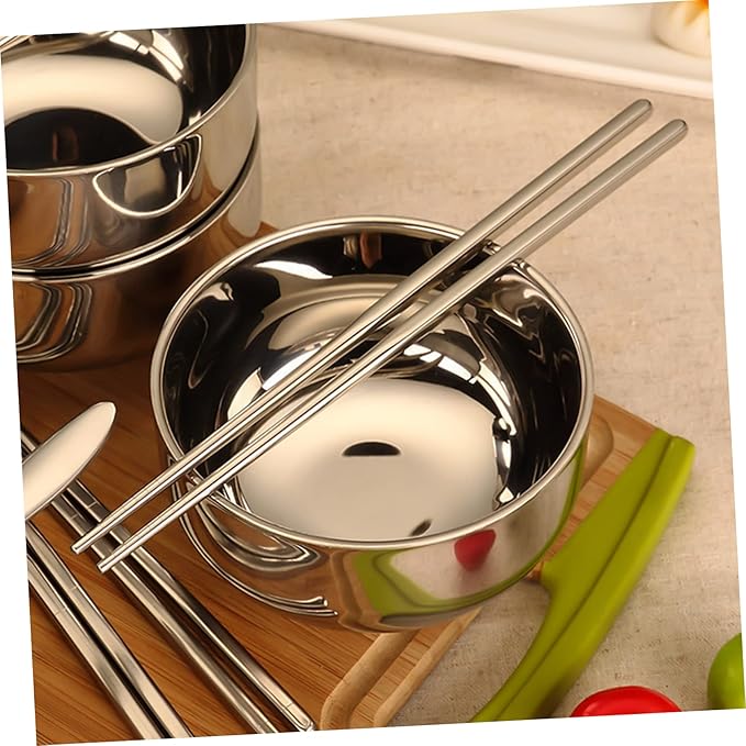 STOBAZA Portable Retro Stainless Steel Bowl Set Chopsticks and Spoons 3-Piece Tableware for Family Dining Dishwasher Safe