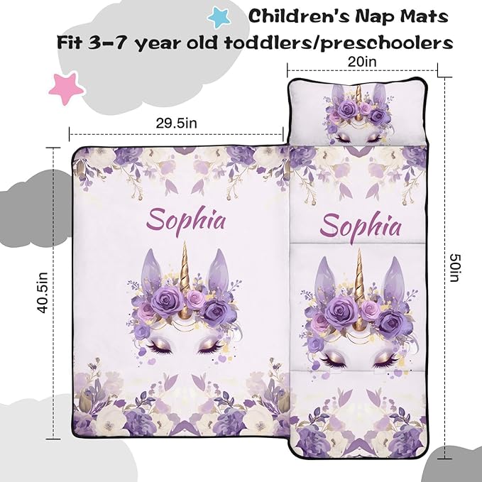 Personalized Toddler Nap Mat – Custom Name Sleeping Bag with Pillow &amp Blanket Roll-Up All-in-One Nap Mats
