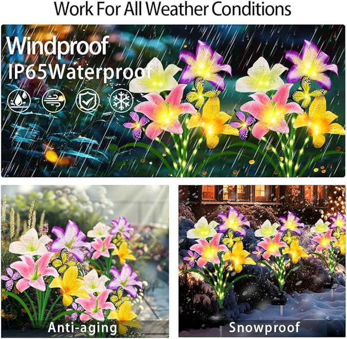 Solar Garden Lights 2 Pack with 8 Lilies Outdoor Decorative Flower Lights for Garden Gift for Family and Friends IP65 Waterproof Flower Solar Outdoor Stake Lights for Yard Patio Lawn Pathway