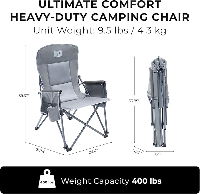 Heavy Duty Portable Folding Camping Chair for Adults with Comfy Padded Backrest | for Outdoor &amp Sports Backpacking Beach Lawn Hunting Tailgating Fishing | Supports 400 Lbs