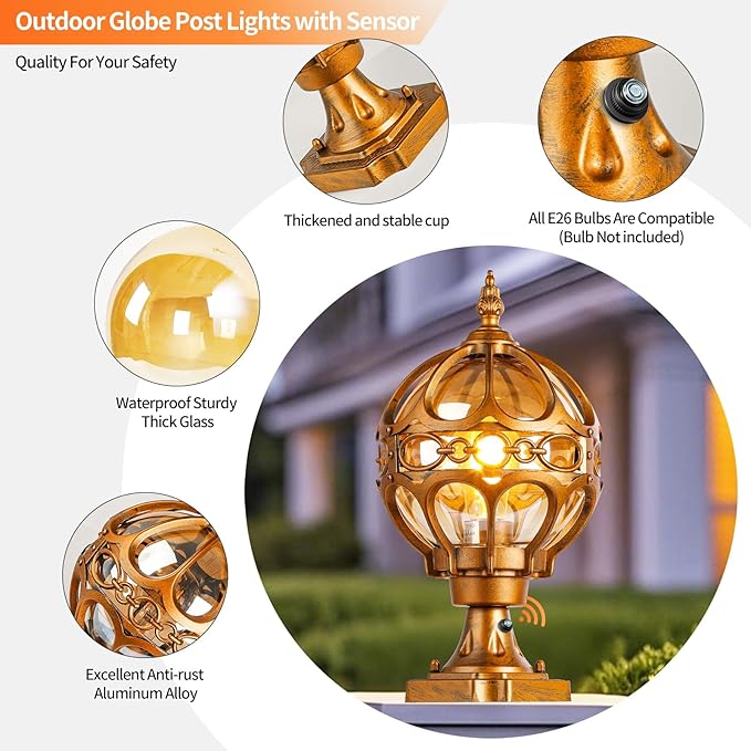 2Pack Dusk to Dawn Gold Outdoor Post Lights Exterior Waterproof Rustproof Sphere Outside Post Lamps Fixture Farmhouse Aluminum Pillar Lantern for Porch House Pathway Fence Yard Garden Patio