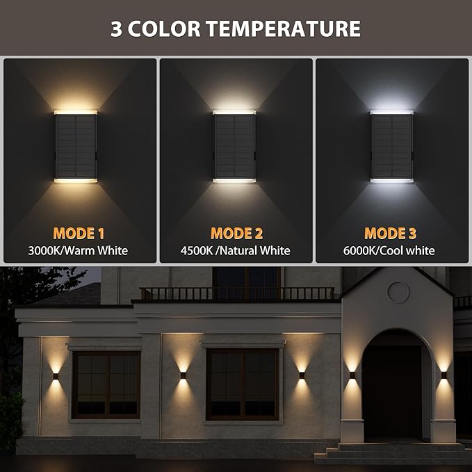 Solar Wall Light Outdoor  3000/4000/6000K 3 Modes Dusk to Dawn Lighting Wall Sconce IP67 Waterproof Up and Down Solar Lights Outdoor Front Door Light for House Garage Porch DoorwayFence (6PACK)