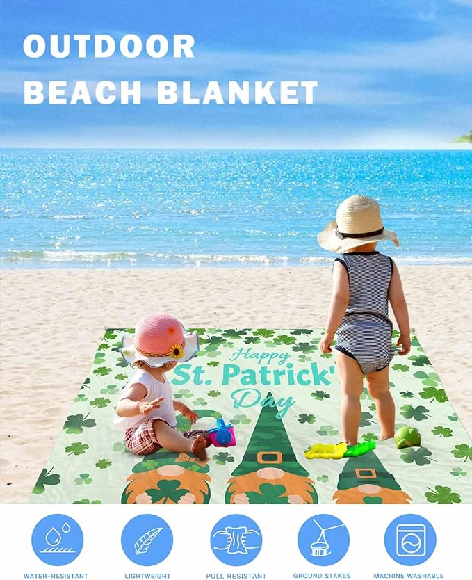 Beach Blanket Waterproof Sandproof OversizedHappy St. Patrick's Day Beach Mat with Corner Stakes Sand PocketsDwarves Four Leaf Grass Outdoor Picnic Mat for Travel Camping Hiking108x84In