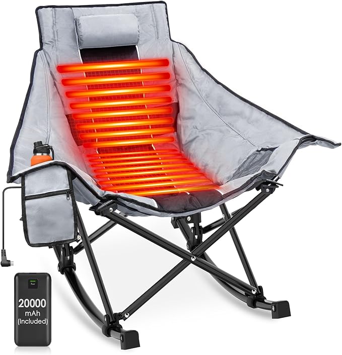 Suteck Heated Rocking Camping Chair - Oversized Heated Camping Chair W/20000mAh Power Bank &amp Carry Bag Fully Padded Heated Chairs for Outdoor Sports W/3 Heat Levels for Back &amp Seat Lawn Picn