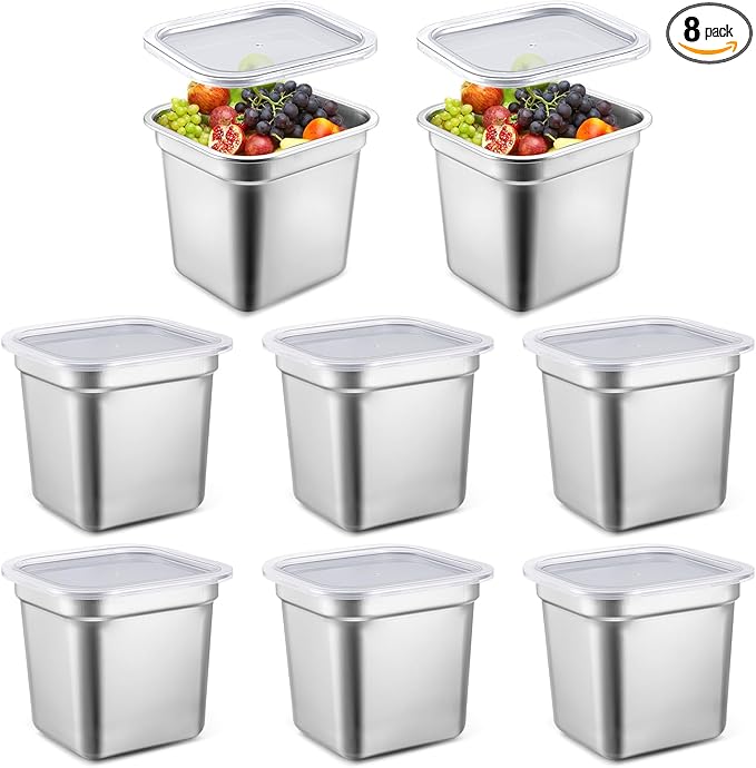 8 Pcs 1/6 Size Hotel Steam Table Pans with Lids Stainless Steel Food Containers and PP Plastic Covers Anti-clogging Steamer Pans for Buffet Catering Restaurant and Food Prep(6 Deep)