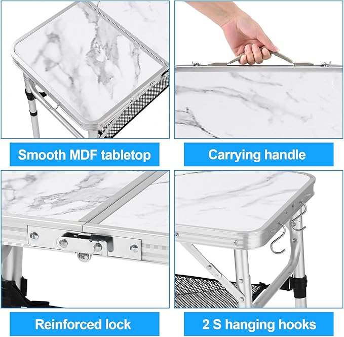 Small Folding Camping Table 2ft Portable Table with 3 Adjustable Heights Aluminum Lightweight Foldable Picnic Table with Mesh Layer and Extension Legs for RV BBQ and Indoor