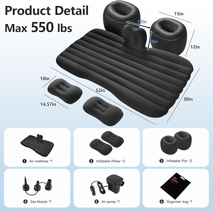 Thickened Inflatable Car Bed Air Mattress with Safety Side Wedge/Built-in Air Pump &amp 2 Pillows/Back Seat Camping Sleeping Pad for SUVs and Sedans/Portable Foldable Airbed for Travel/Black