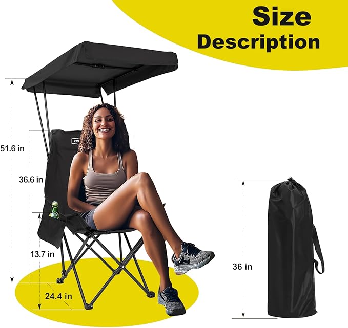 YOUNG WOOD Portable Camping Chair Beach Chair with Shade Canopy Fold Lightweight Oversized for All Easy to Open and Close Without Installation Side Pocket Design for All Outdoor Activities Black