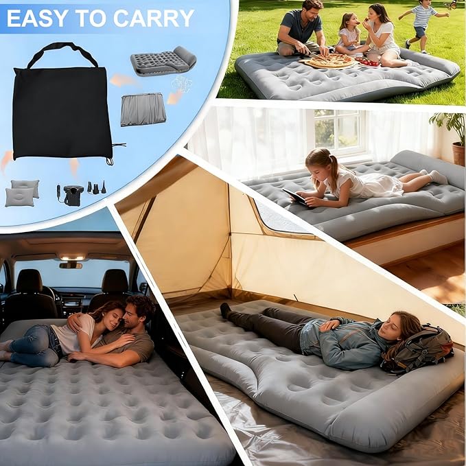 Car Air Mattress - Inflatable Camping Bed Full Size SUV Trunk Mattress Foldable Universal Car airBed Flocking Sleeping Mat for Roadtrip Travel Outdoor Tent Home (Fuzz Grey)