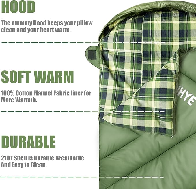 ShinHye 0 Degree Sleeping Bag for Adults - Cotton Flannel 4 Season Cold Weather Winter XXL Big and Tall Camping Sleeping Bag with Compression Sack