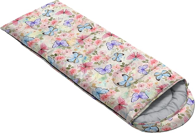 Kids Sleeping Bag for Boys GirlsButterfly Flowers Print-Lightweight Warm Portable Outdoor Indoor-Waterproof Cold Weather Resistant Sleeping Bag for Camping Hiking(Flowers)