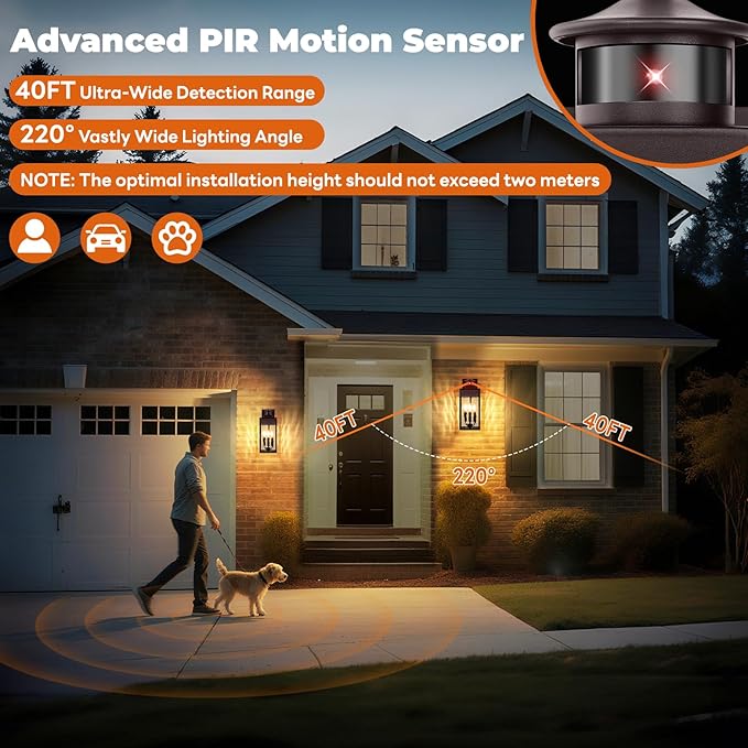 3-Light Motion Sensor Outdoor Wall Light Waterproof Exterior Wall Sconce Light Fixture with Water-Rippled Glass Dusk to Dawn Brown Outside Wall Lantern for House Porch PatioBulbs Not Included
