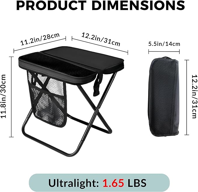 Portable Collapsible Stool - Folding Chair with Storage Pouch Convertible Satchel for Hands-Free Carry &amp Supports 265Lbs Ultralight for Hiking Fishing Camping Festivals (Black)