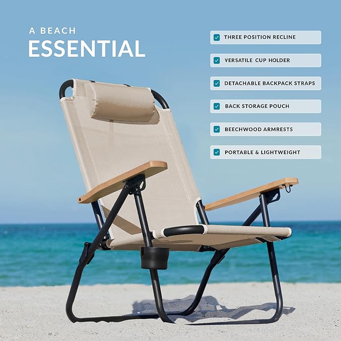 Water Buffalo Bondi Beach Chair – Backpack Beach Chair for Adults with Reclining Positions Cup Holder &amp High Back Support