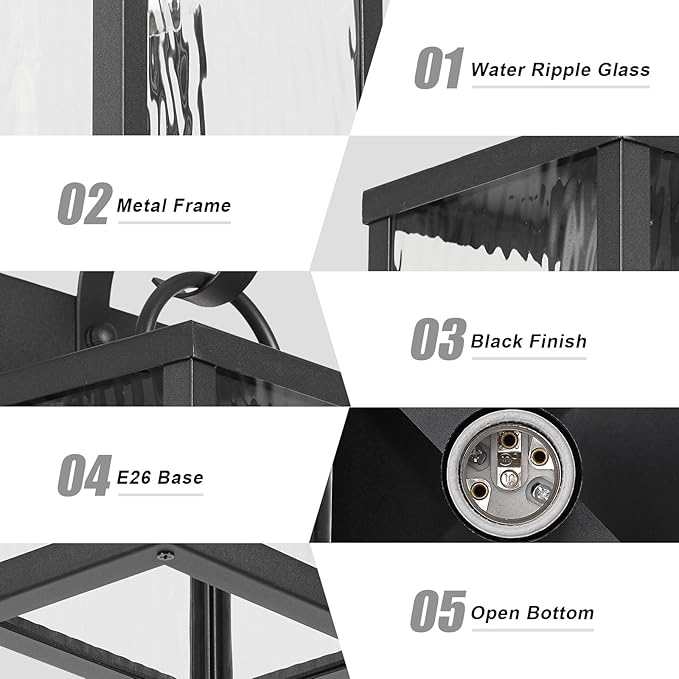 Outdoor Wall Light Fixture Modern Black Exterior Wall Lantern with Water Ripple Glass Farmhouse Vintage Waterproof Wall Sconce Porch Light for Patio Garage Front Door Garden Yard E26