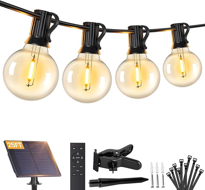 Brightever 25FT Solar String Lights Outdoor Waterproof G40 Solar Lights with Remote and 10+1 LED Shatterproof Globe Bulbs Dimmable&amp3 Lighting Modes Solar Power Patio Lights for Balcony Garden P