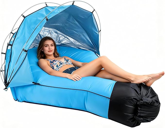 Portable Inflatable Sofa Tent Inflatable Lounger Air Couch with Sun-Shade Waterproof Inflatable Bed for Yard Outdoor Camping Hiking (Blue)