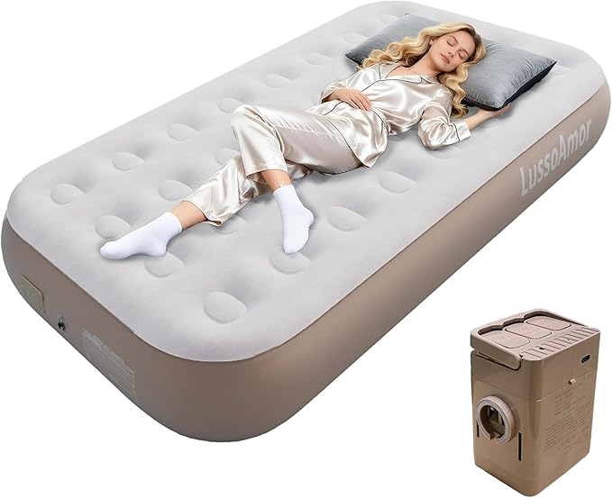 Twin Size Air Mattress - 4000mAh Built-in Rechargeable Pump 10 Inch Foldable Blow Up Air Bed for Camping Travel 3-Minute Quick Inflation/Deflation Colchon Inflable Mattress Khaki