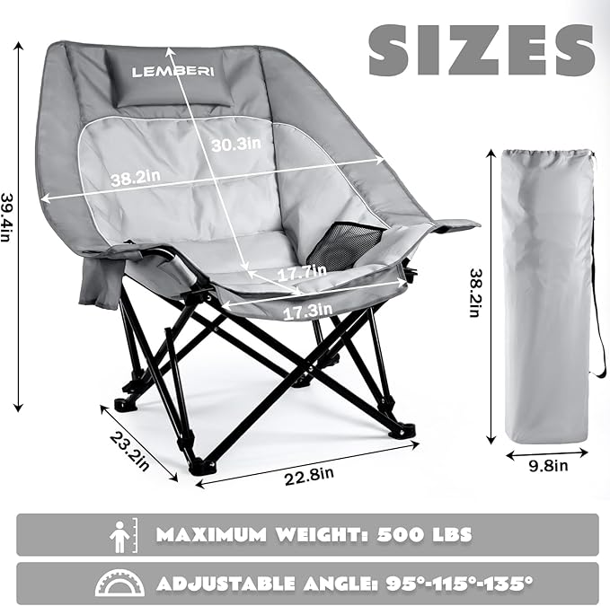 LEMBERI Oversized Heavy Duty Camping Chair for Adults500lbs Comfortable Folding Lawn Chairs Large Outdoor Portable Chair with Cup Holder Side Pocket and Cooler Bag Gray