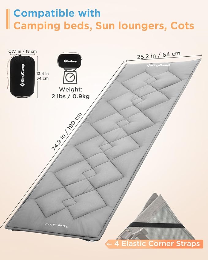 KingCamp Cot Mattress Portable Lightweight Camping Sleeping Mat Soft Comfortable Non-Slip Cot Pad for Camp Cot RV Bunk &amp Twin Beds (75 x 25 x 2 Gray)