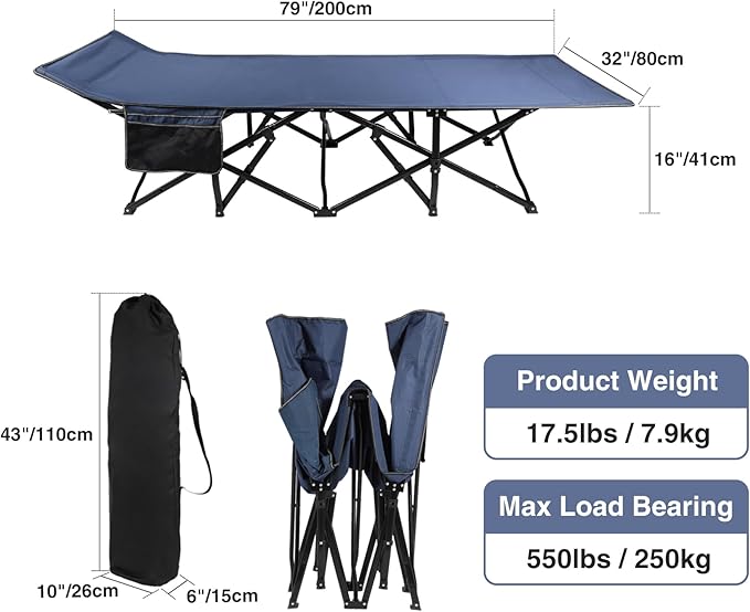 REDCAMP Oversized Heavy Duty Camping cots for Adults 500lbs Extra Wide Tall Portable Sleeping Cots XL Cots for Outdoor or Indoor Office Blue