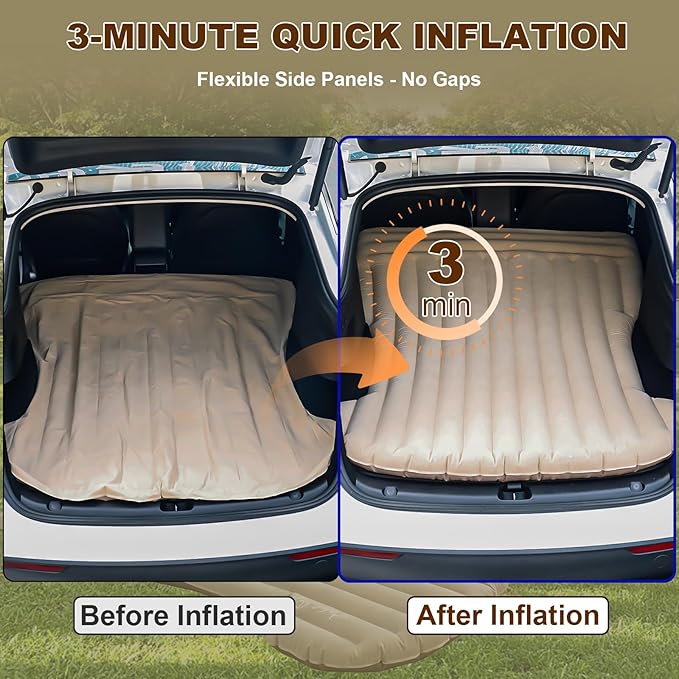 ZKOO Car Air Mattress 4 Inch SUV Truck Camping Air Mattresses Quick Inflation Chamber Portable Driving Trip Air Bed Soft Flocked Top for Camping Colchon Inflable with Storage Bag (Khaki)