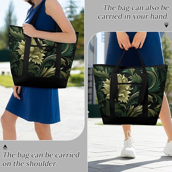 Insulated Shopping BagLarge Reusable Cooler Bags Dark Green And Green Style Printed Foldable Shopping BagTravel Waterproof Shoulder Bag