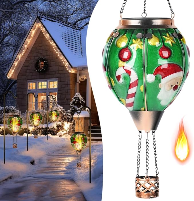 Solar Powered Hot Air Balloon Lantern - Santa Glass Lantern Simulated Flickering &amp Dancing Flame Outdoor Hanging Yard Light Waterproof IP65 for Patio Lawn Porch Christmas Decor Gift