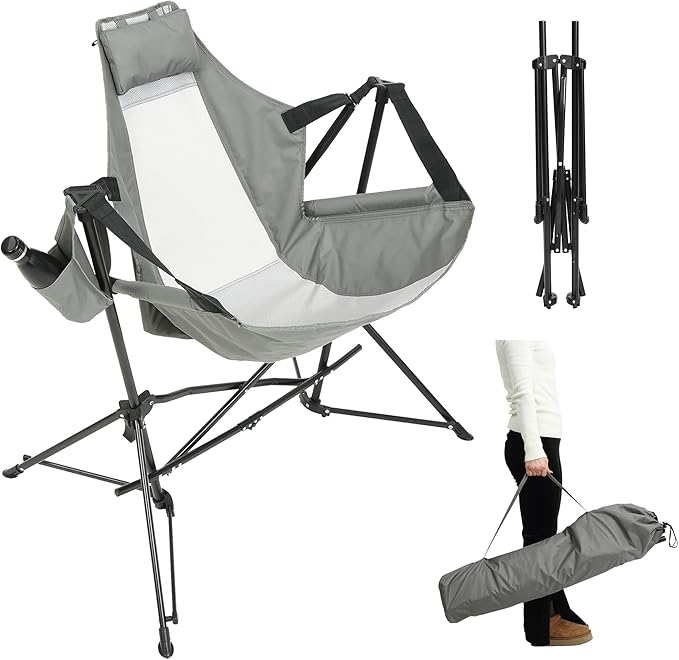 Hammock Camping Chair Portable Chairs with Pillow Cup Holder and Carry Bag Lightweight Foldable Chair for Outside Camping Hiking Travel Beach and Sports (Grey)