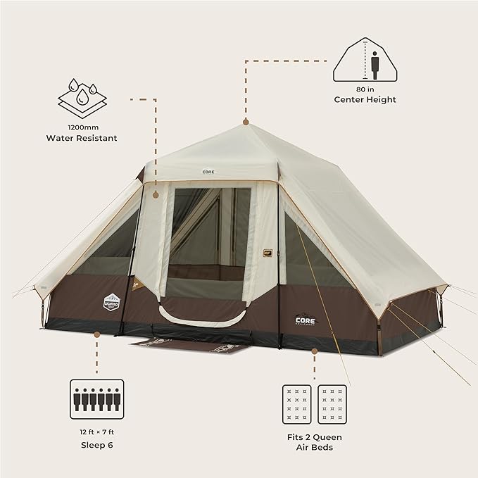 CORE Instant Cabin Tent with LED Lights | Large Family Lighted Pop Up Tent with Carry Bag for Camping Glamping and Backyard Adventures | Included Storage Pockets for Camp Accessories