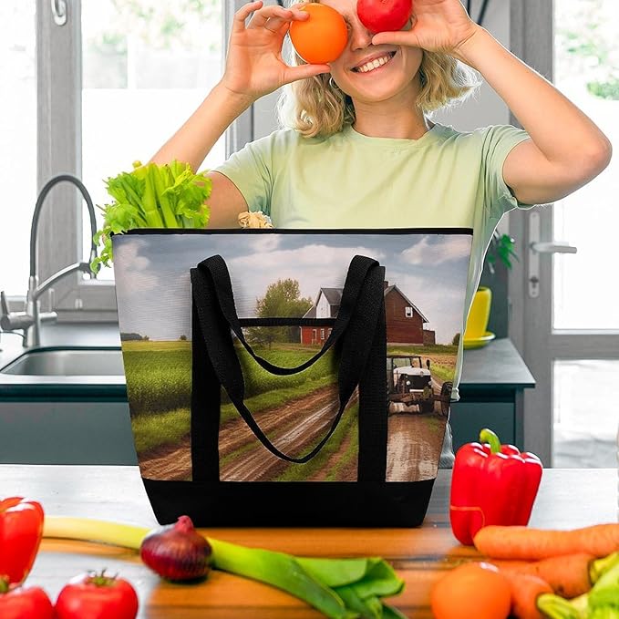 Insulated Shopping BagLarge Reusable Cooler Bags Country Road with Farm And Tractor Printed Foldable Shopping BagTravel Waterproof Shoulder Bag