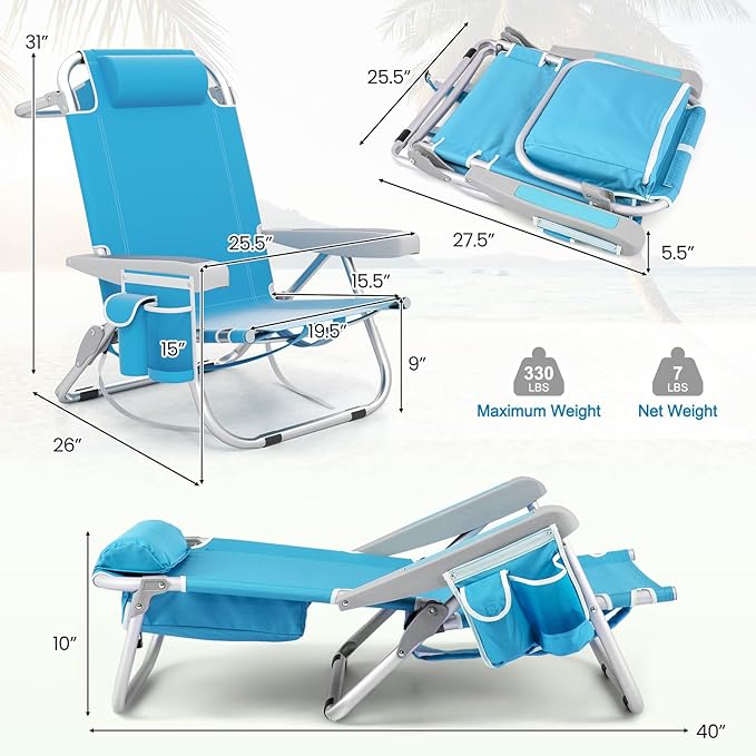 Goplus Beach Chair 330lbs Folding Backpack Chairs for Adults with 5-Position Backrest Storage Pockets Towel Bar &amp Headrest Foldable Low Beach Lounge Portable Aluminum Lay Flat Camping Chair
