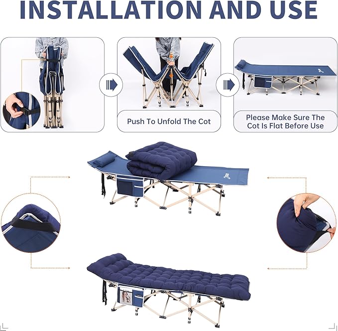 Nice C Camping Cots with Cushion Camping Cots with Mattress for Adults Folding Cot with Pillow Carry Bag &amp Storage Pocket Extra Wide Sturdy Holds Up to 500 Lbs (1 Mattress Navy)