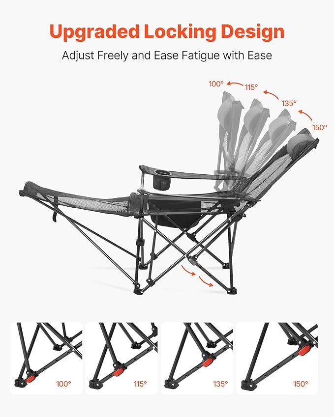 VEVOR Reclining Camping Chair 4 Adjustable Positions Portable Folding Lounger for Adults Mesh Beach Chair with Headrest &amp Foot Rest Supports 220 lbs Heavy Duty Camp Chairs for Patio Gray