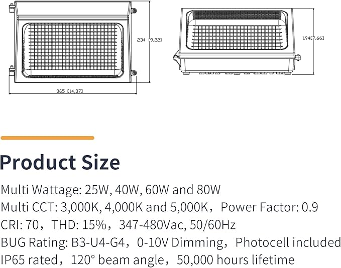 LEDONE LED Wall Pack Light High Voltage 347-480 Vac with Dusk to Dawn Photocell 25W/40W/60W/80W Selectable 3000K/4000K/5000K IP65 Outdoor Wall Pack Lighting ETL DLC Listed 2PK