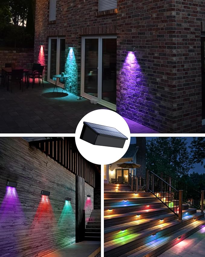 Fence Lights Solar Powered Outdoor Waterproof 3 Sided Wall LED Landscaping for Yard Deck Patio Rail Garage Pool Balcony Energy Efficient Warm White Safety (Multicolor Down-8Pack Light)