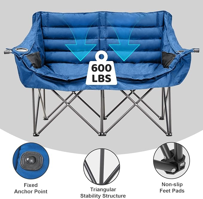 Double Camping Chair for Adults 2 Person Loveseat Camping Chair with Cup &amp Wine Glass Holder Portable Padded Double Folding Lawn Chair for Outdoor Camp Picnic Sports Support 500LBS (Blue)