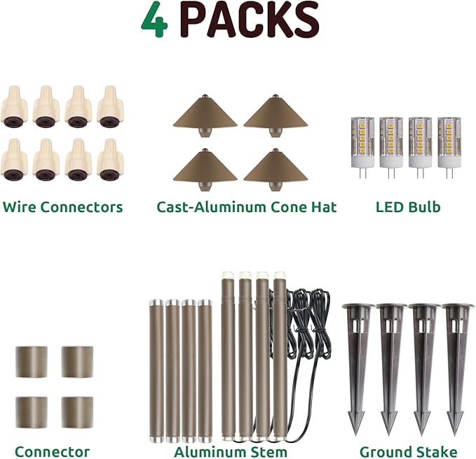Lumina Lighting® Low Voltage Landscape Lighting Cast-Aluminum Path and Area Light Warm White 3W G4 LED Bulb and ABS Ground Stake Included for Yard Walkway Lawn PAL0105-BZLED4 (Bronze 4-Pack)