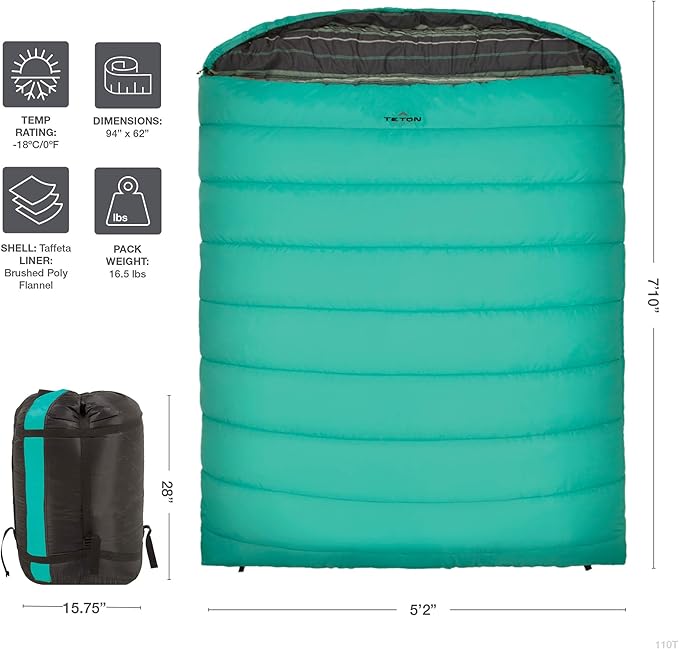 Teton Mammoth Queen Size Double Sleeping Bag- A Warm Bag The Whole Family can Enjoy – Great for Camping Hunting and Base Camp. Compression Sack Included