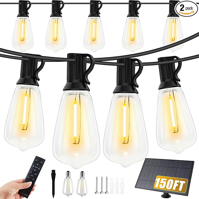 VUAA 150FT Solar Outdoor String Lights Waterproof Solar Powered Patio Lights with 52 Shatterproof ST38 Edison Bulbs &amp Remote ControlLED Dimmable Solar String Lights for Outside