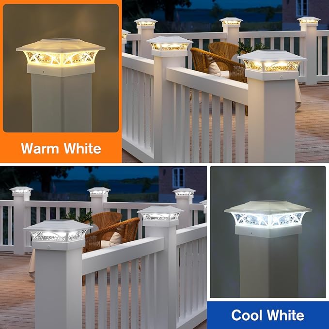 APONUO Solar Post Cap Lights 6 Pack - 4x4 5x5 6x6 Fence Post Lights Auto On/Off Waterproof IP64 2-Mode (Warm/Cool White) Deck Patio Yard Solar Light for Wood &amp Vinyl Posts White