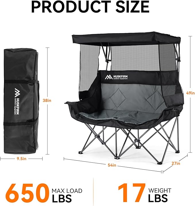 Double Camping Chair with Canopy Shade Folding Double Beach Chair with Adjustable Canopy Heavy Duty Loveseat Camping Chair with Two Cup Holders and Carry Bag for Outside Beach Fishing Sports