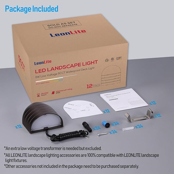 LEONLITE 12-Pack Update 5CCT Low Voltage LED Deck Lights 250LM Ultra Bright Fence Down Light 12-24V AC/DC Anti Glare Step Railing Light CRI90 1800K/2700K/3000K/4000K/5000K IP65 Oil Rubbed Bronze