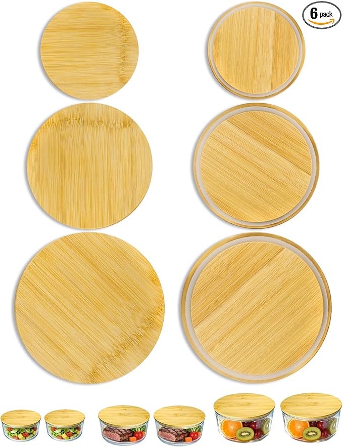Replacement Wooden Lids for Pyrex Anchor Hocking Glass Containers 7200 * 2 7201-PC*2 7402-PC*2 Bamboo Lids for Pyrex 2Cup 4Cup 7Cup Glass Bowls Bowl Covers 6 Pack