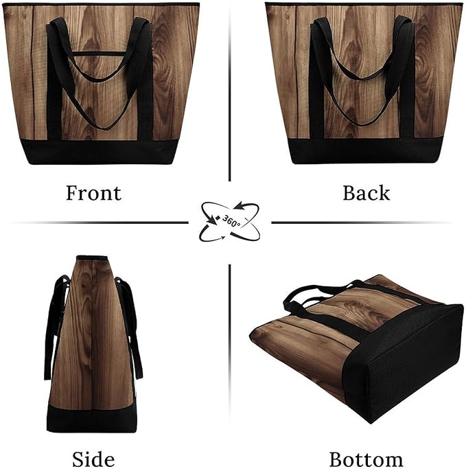 Insulated Shopping BagLarge Reusable Cooler Bags Wood Grain Printed Foldable Shopping BagTravel Waterproof Shoulder Bag