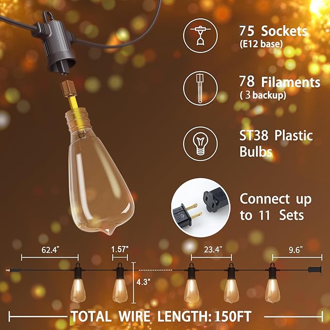 Outdoor String Lights 150ft LED Patio Lights with 78 (75+3 Spare ST38 Shatterproof Bulbs) IP 65 Waterproof Outside Hanging Light for Cafe Bistro Backyard (150 ft-78 Bulbs)