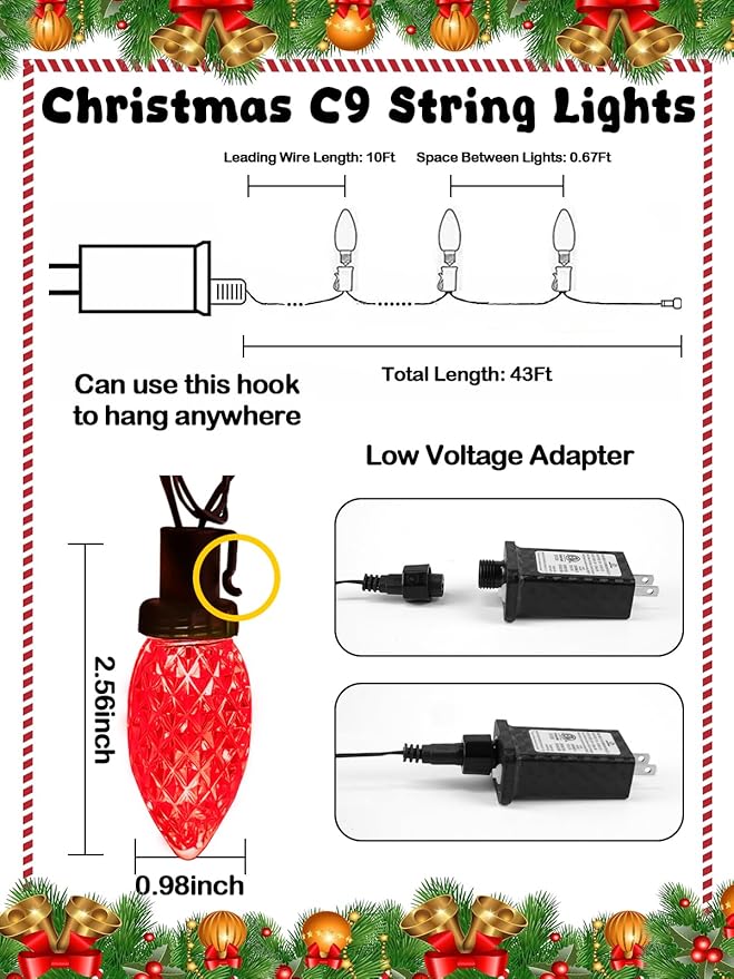 2-Pack Connectable C9 Christmas Lights Outdoor Indoor 66 FT 100 LED Christmas String Lights Plug in with 8 Modes &amp Timer Waterproof Fairy Twinkle Light for Xmas Tree Yard Decorations (Red and Wh