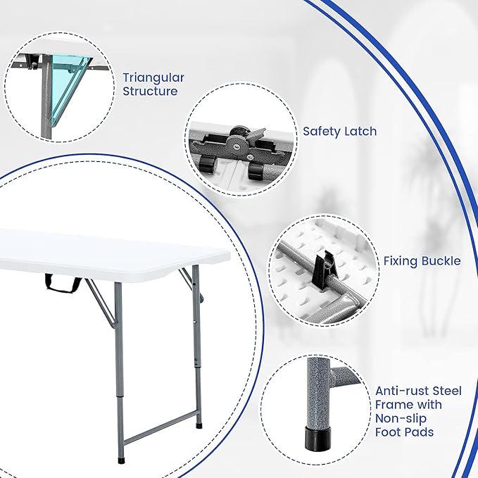 Camping Table Folding Camping Table 3-Level Adjustable Height Party Picnic Table with Carrying Handles Portable Outdoor Indoor BBQ Dining Table 150kg Load Capacity